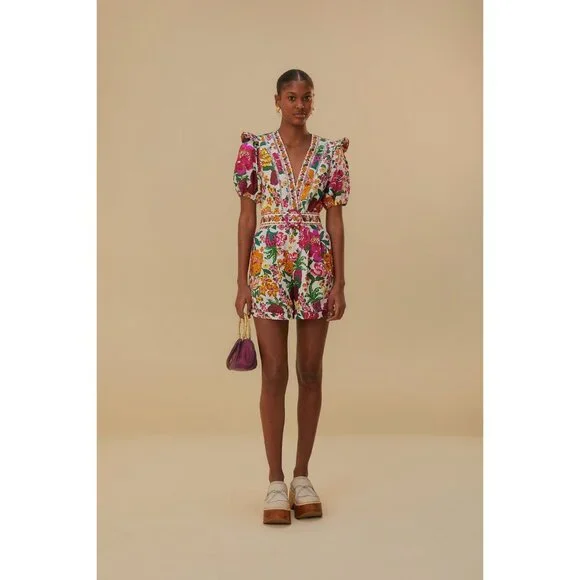 FARM RIO Romper XL Floral Off-White Flowerful Sketch Belted NEW - Picture 16 of 16